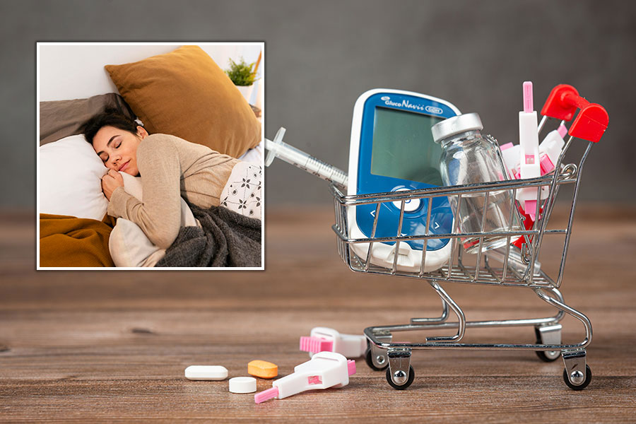 toy shopping cart with diabetic testing tools in it with inset photo of woman sleeping